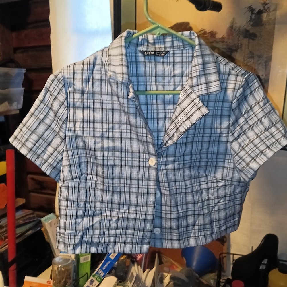 SHEIN Blue Plaid Button Down Shirt